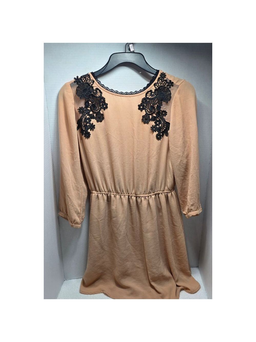 Women's FOREVER 21 Long Sleeve Beige Dress with Black Lace, Size S